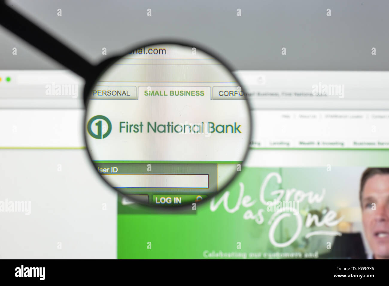 Milan, Italy - August 10, 2017: First National Bank website. It is a subsidiary of First National of Nebraska. It is recognized as the largest private Stock Photo