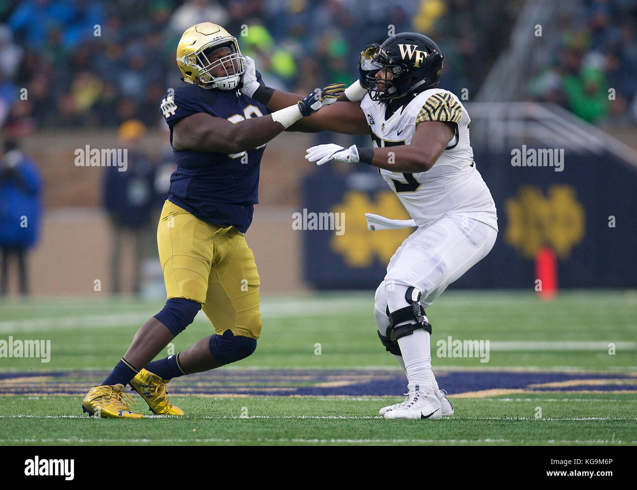 November 04, 2017: Wake Forest offensive lineman Justin Herron (75) and Notre Dame defensive lineman Jay Hayes (93) battle at the line of scrimmage during NCAA football game action between the Wake Forest Demon Deacons and the Notre Dame Fighting Irish at Notre Dame Stadium in South Bend, Indiana. Notre Dame defeated Wake Forest 48-37. John Mersits/CSM Stock Photo