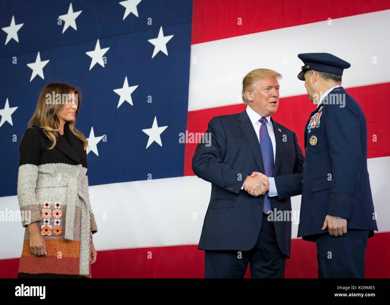 Fussa, Japan. 05th Nov, 2017. U.S President Donald Trump greets Lt. Gen. Jerry Martinez, U.S. Forces Japan and 5th Air Force commander, before addressing service members during a Troop Talk at Yokota Air Base November 5, 2017 in Fussa, Japan. Trump is on the first stop of a 13-day swing through Asia. Credit: Planetpix/Alamy Live News Stock Photo