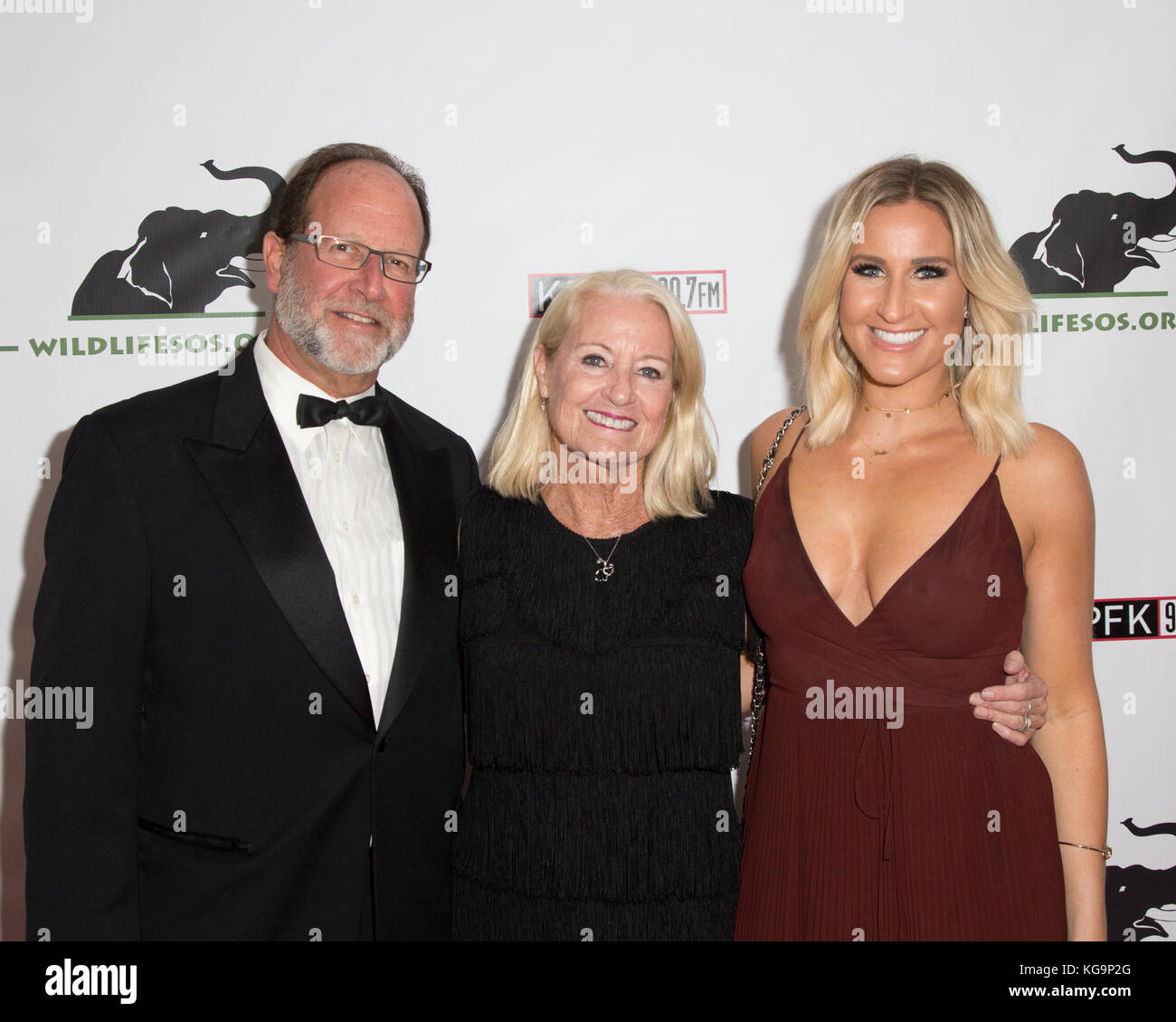 Los Angeles, California, USA. 4th November, 2017. Doug Stoll, Patty  Shenker, honoree and co-founder of the Animal Advocacy Museum, and Julia  Stoll attending Tusk After Dusk: Night of 1000 Elephants benefit for