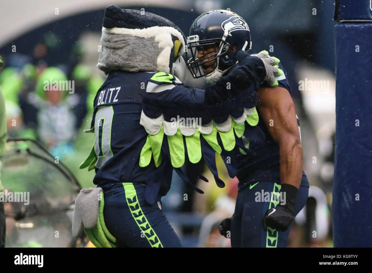 Washington, USA. 5th Nov, 2017. Seattle Seahawks linebacker Bobby Wagner (54) and Blitz, the Seahawks mascot, celebrate after forcing a safety during a game between the Washington Redskins and the Seattle Seahawks at CenturyLink Field in Seattle, WA on November 5, 2017. Credit: Cal Sport Media/Alamy Live News Stock Photo