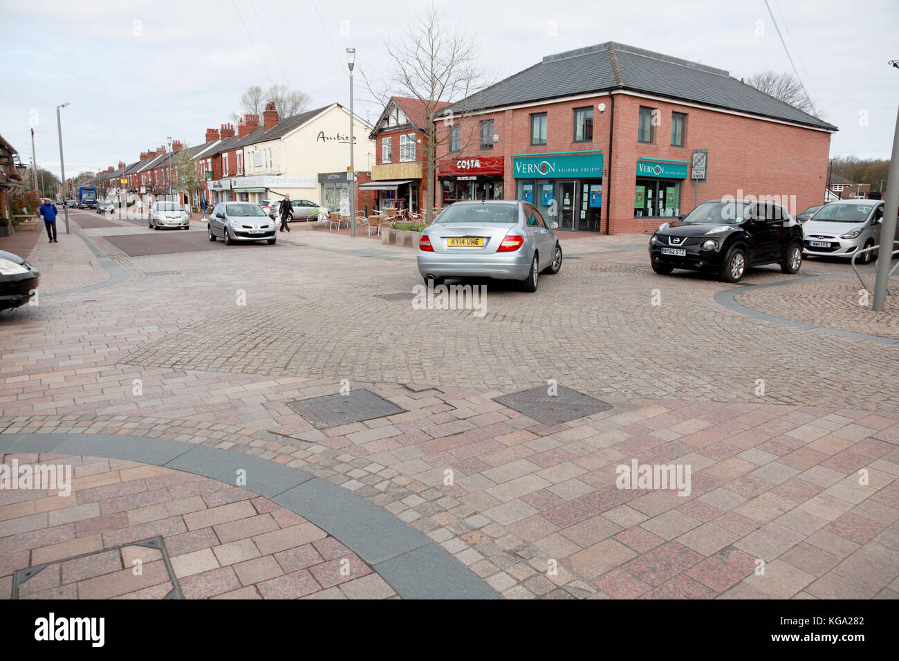 Part of the shared space traffic engineering project in Poynton, Cheshire with no formal roundabout Stock Photo