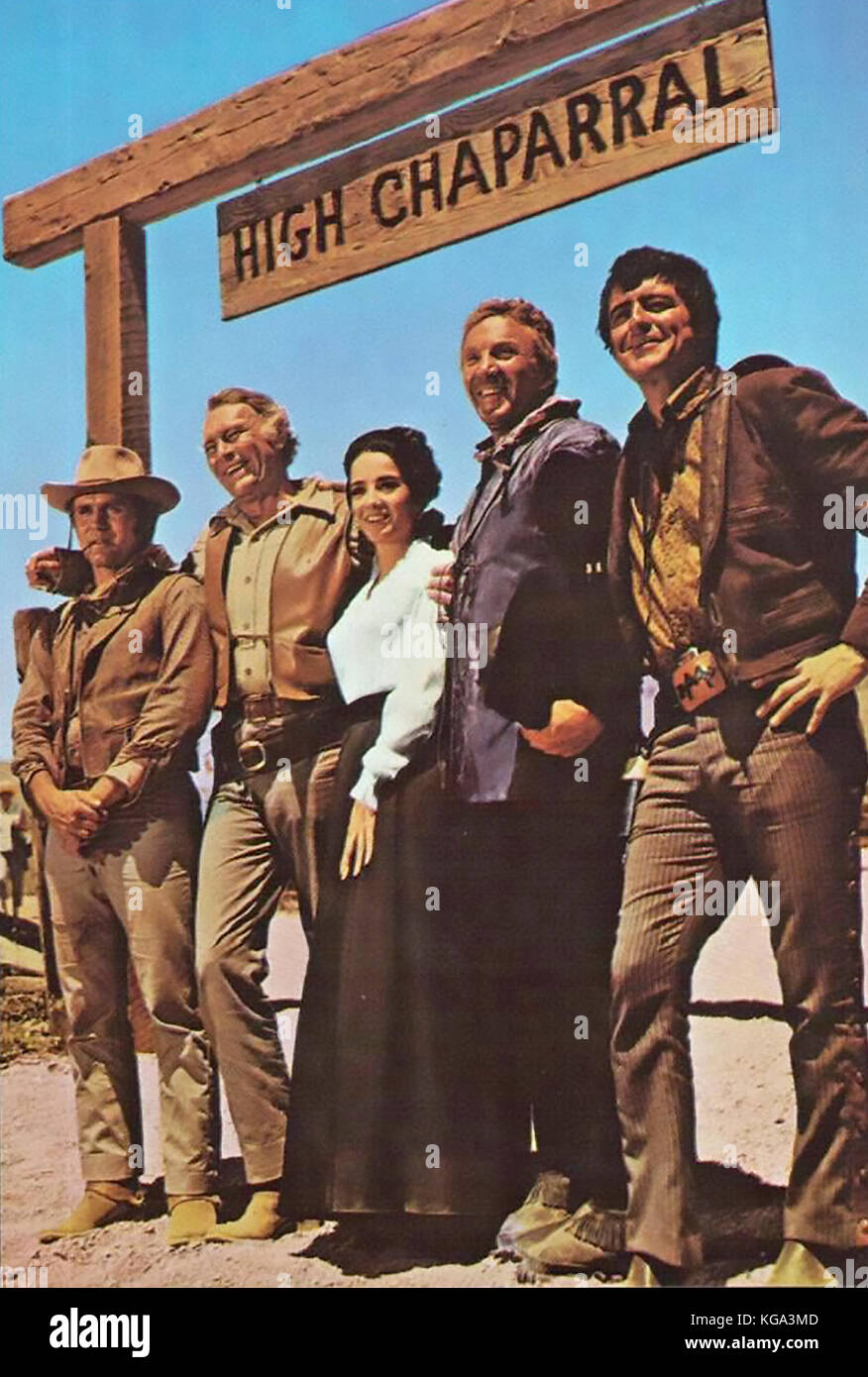 THE HIGH CHAPARRAL NBC Western TV series 1967-1971. From left: Mark Slade, Leif Erickson, Linda Cristal, John Vernon, Henry Darrow Stock Photo