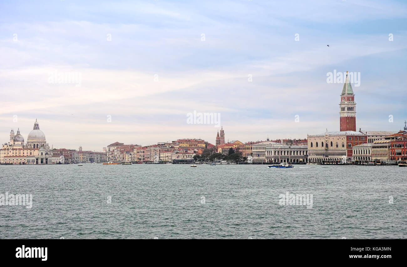Venice waterfront, San Giorgio Maggiore. Beautiful bright morning,  calm and tranquil. Stock Photo