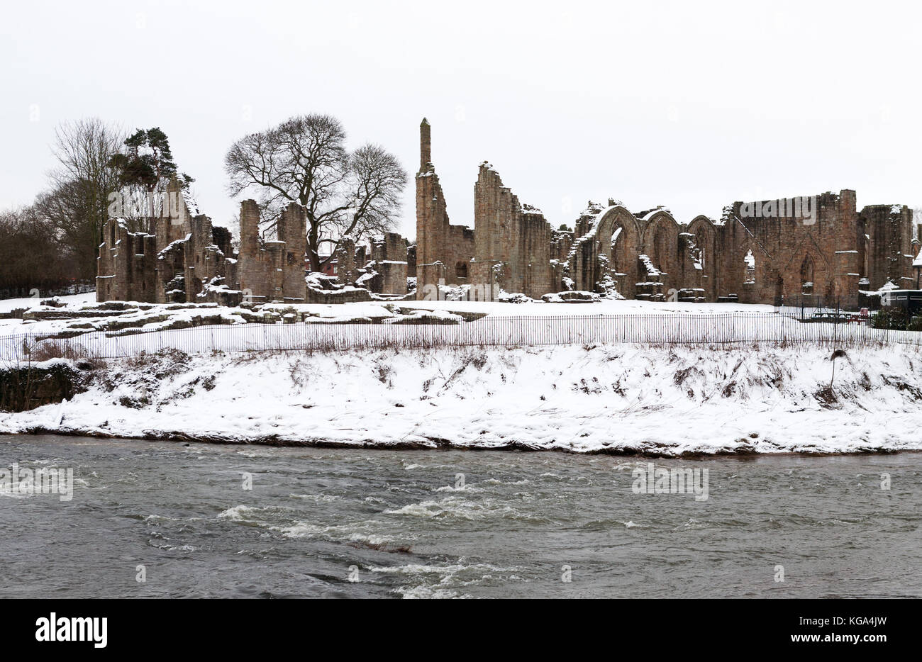 Winter view of Finchale Priory, seen across the river Wear, Co. Durham, England, UK Stock Photo