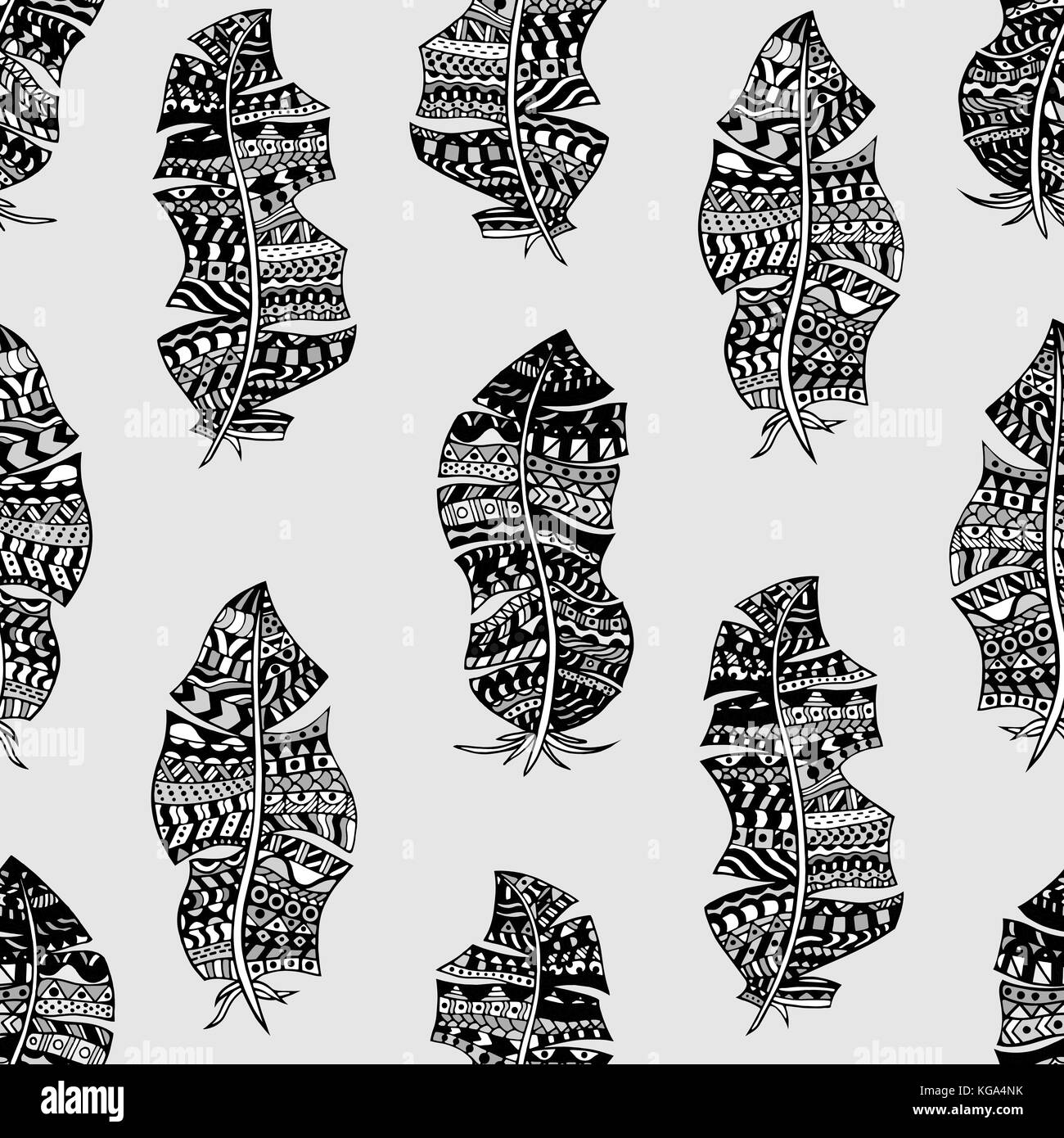 Seamless pattern with hand drawn feathers. Vector background Stock ...