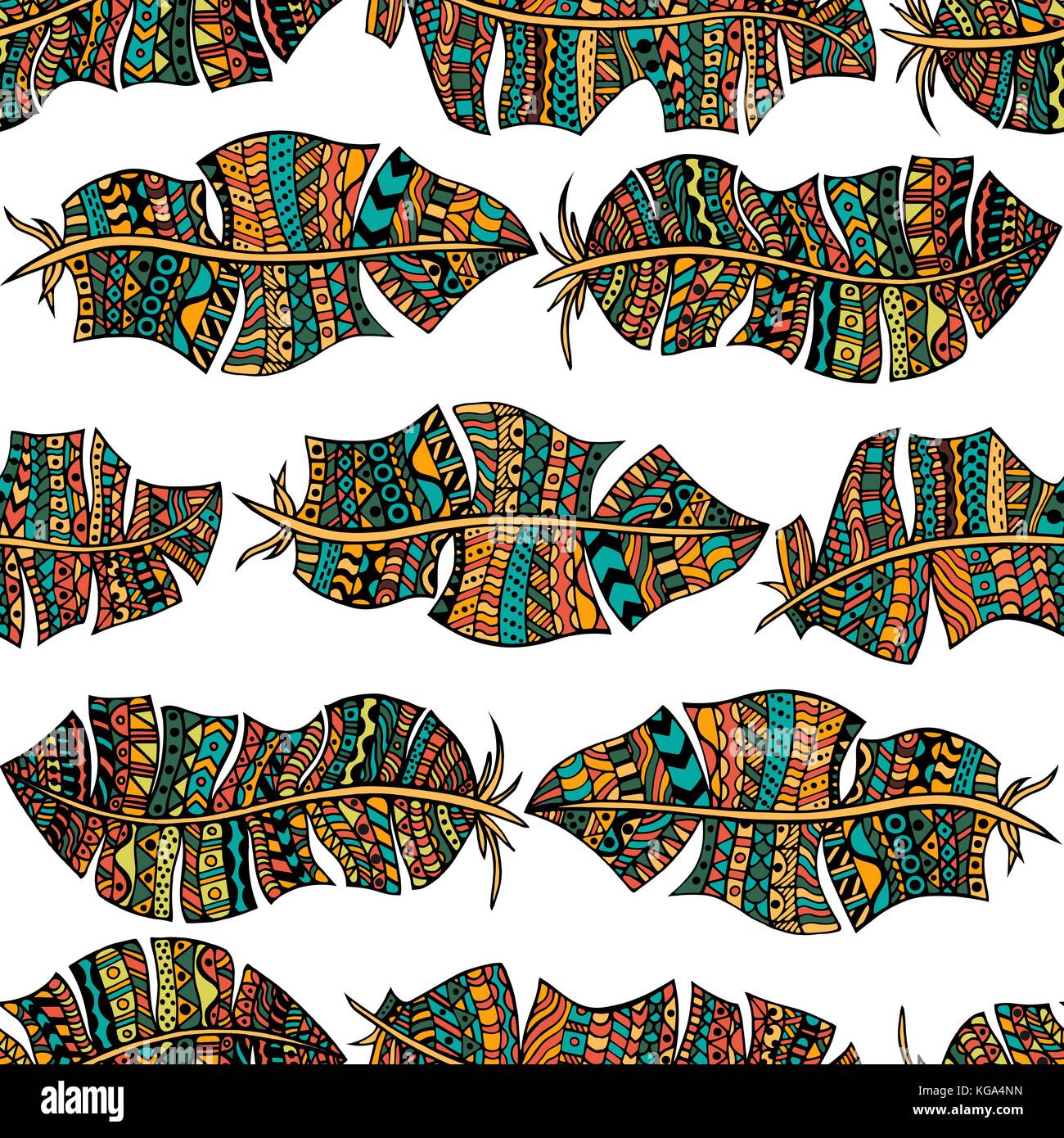 Hand drawn abstract doodle feathers seamless pattern. Vector art ...