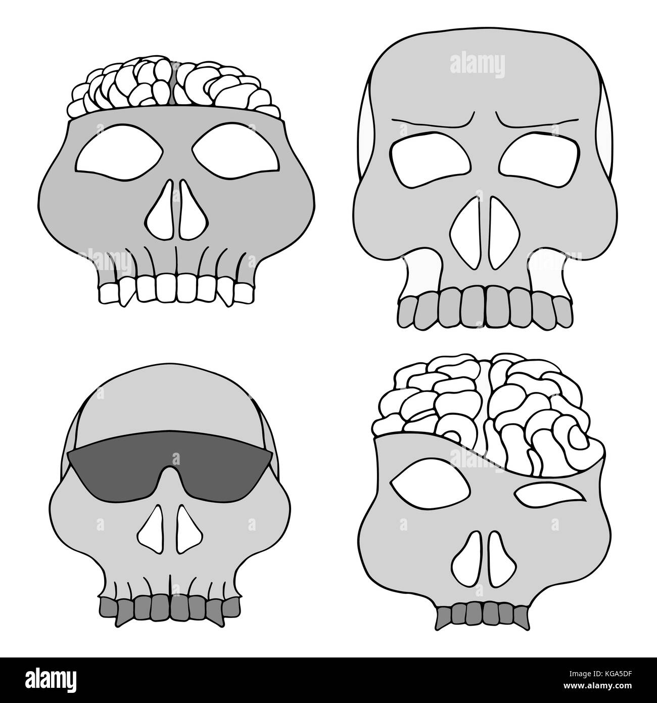 Set of four Monochrome Hand Drawn Skulls Vector illustration Stock Vector