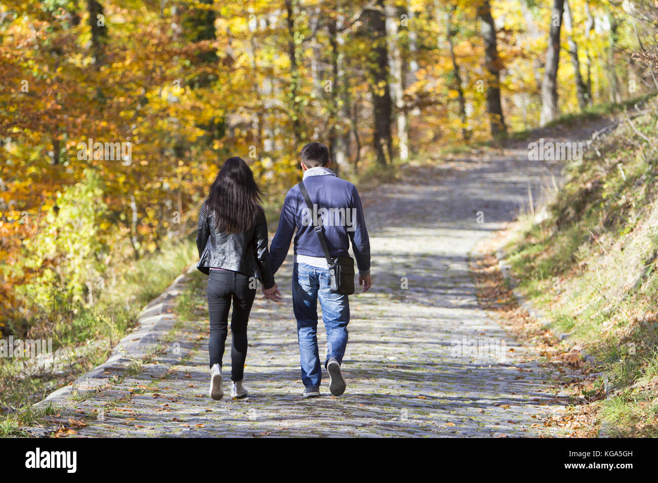 Two people walking in a park with a dog hi-res stock photography and ...