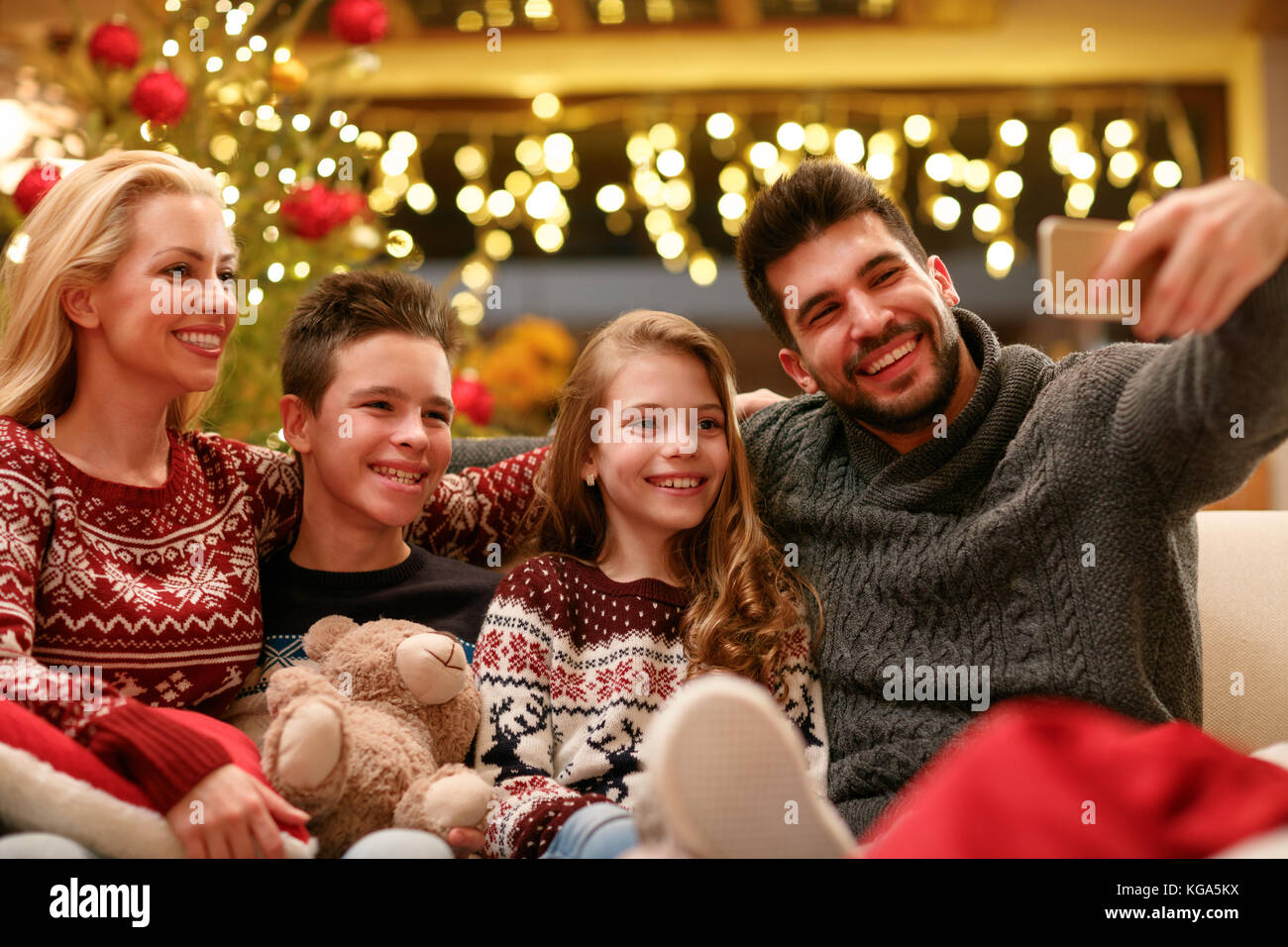 selfie with smiling family on Christmas Stock Photo