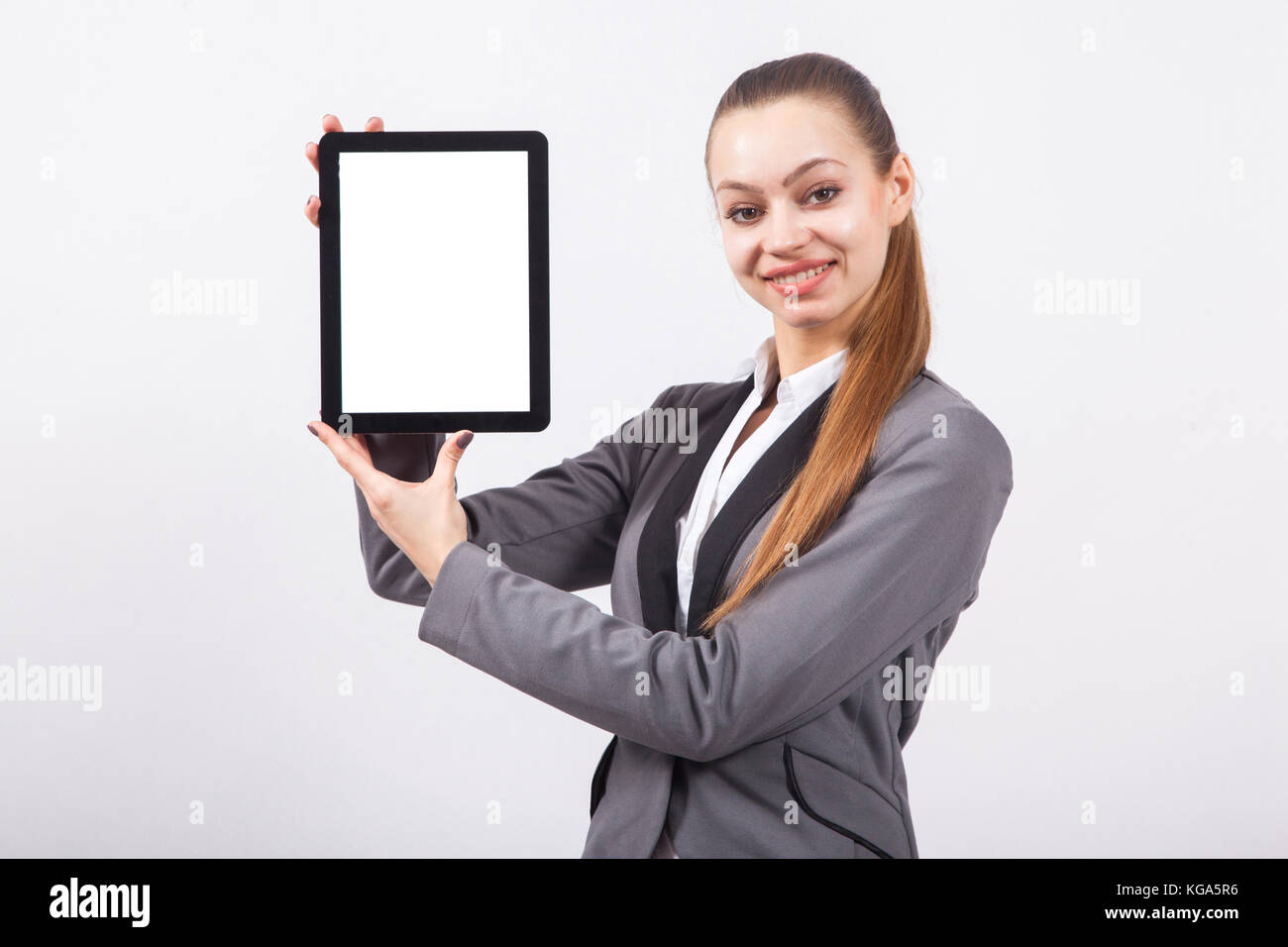 modern young business woman in a business suit on a white backgr Stock ...