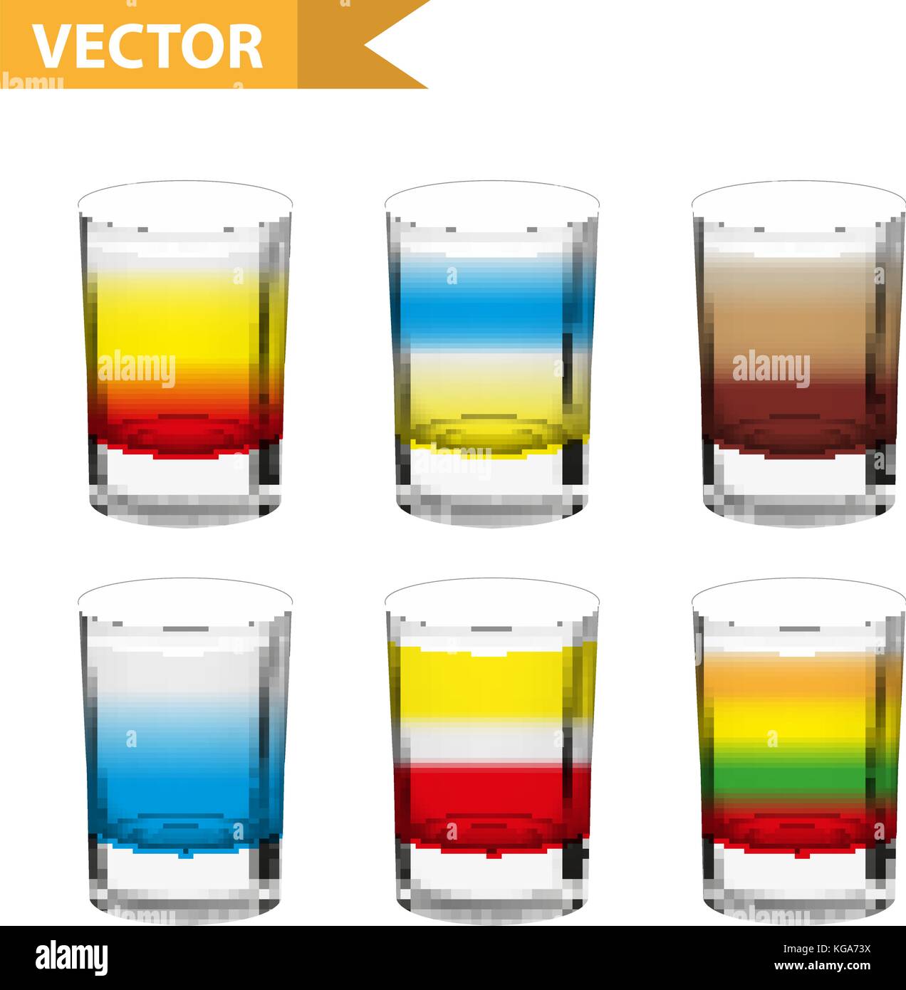 Realistic set  shots cocktails. 3d Shot with drinks for bars, restaurans collection. Glass cup liqueur. Isolated on white background. Vector illustrat Stock Vector