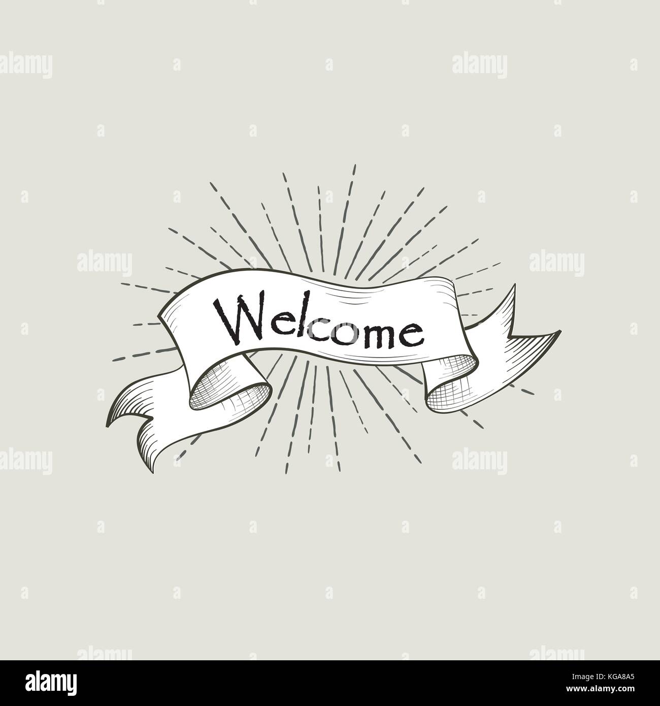 Welcome Sign Over Ribbon Retro Background Vintage Doodle Banner
