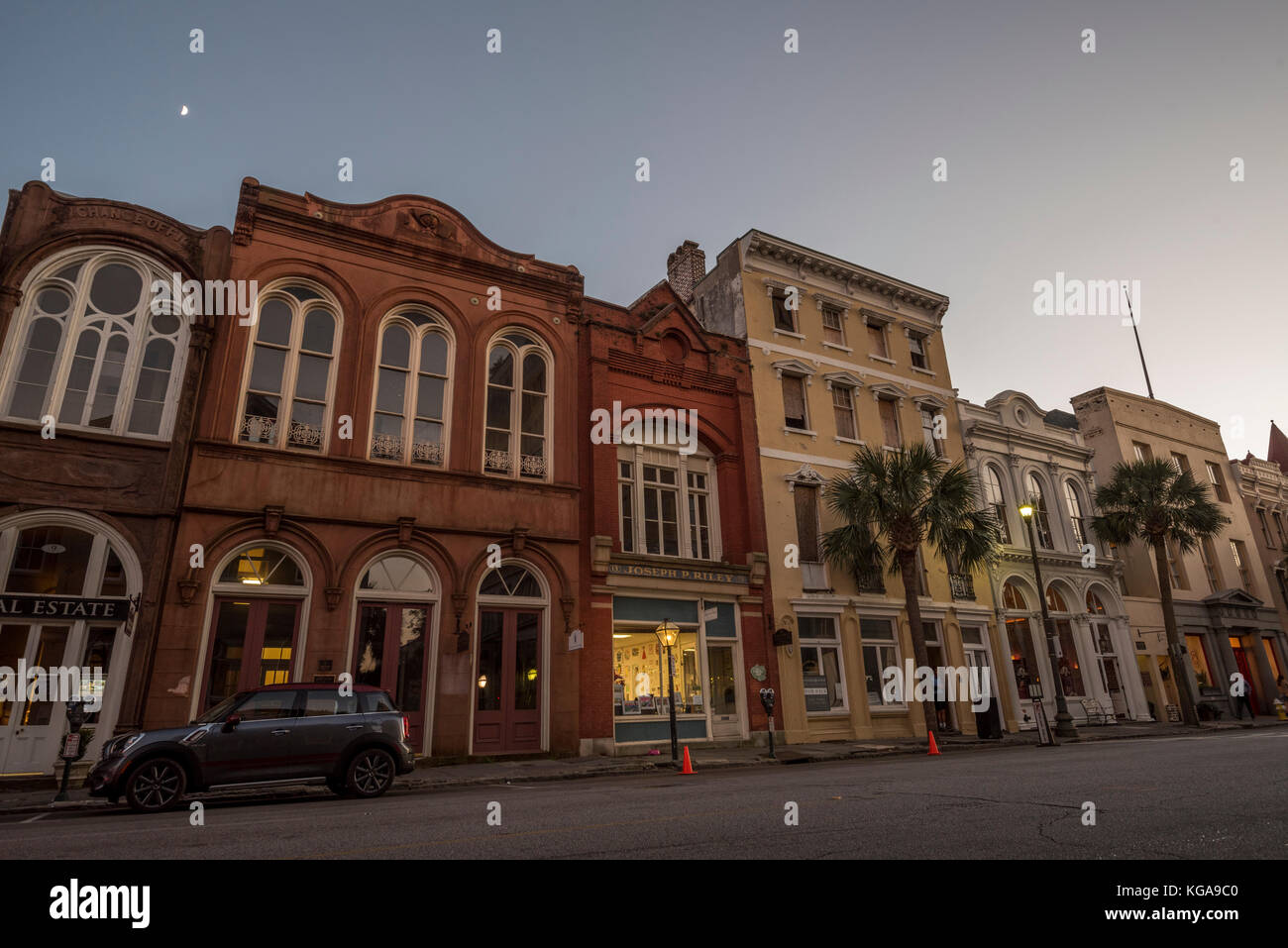 Sunset over Broad Street in Charleston, SC with a rising moon. Stock Photo