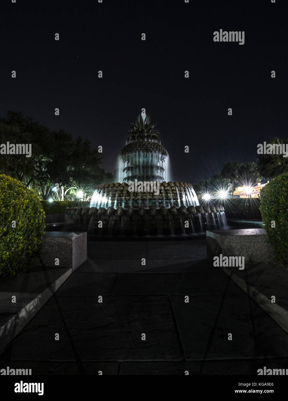 The fountain in Waterfront Park in Charleston, SC at night. Stock Photo