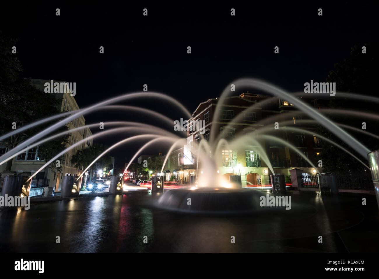 The fountain at Waterfront Park in Charleston, SC at night. Stock Photo