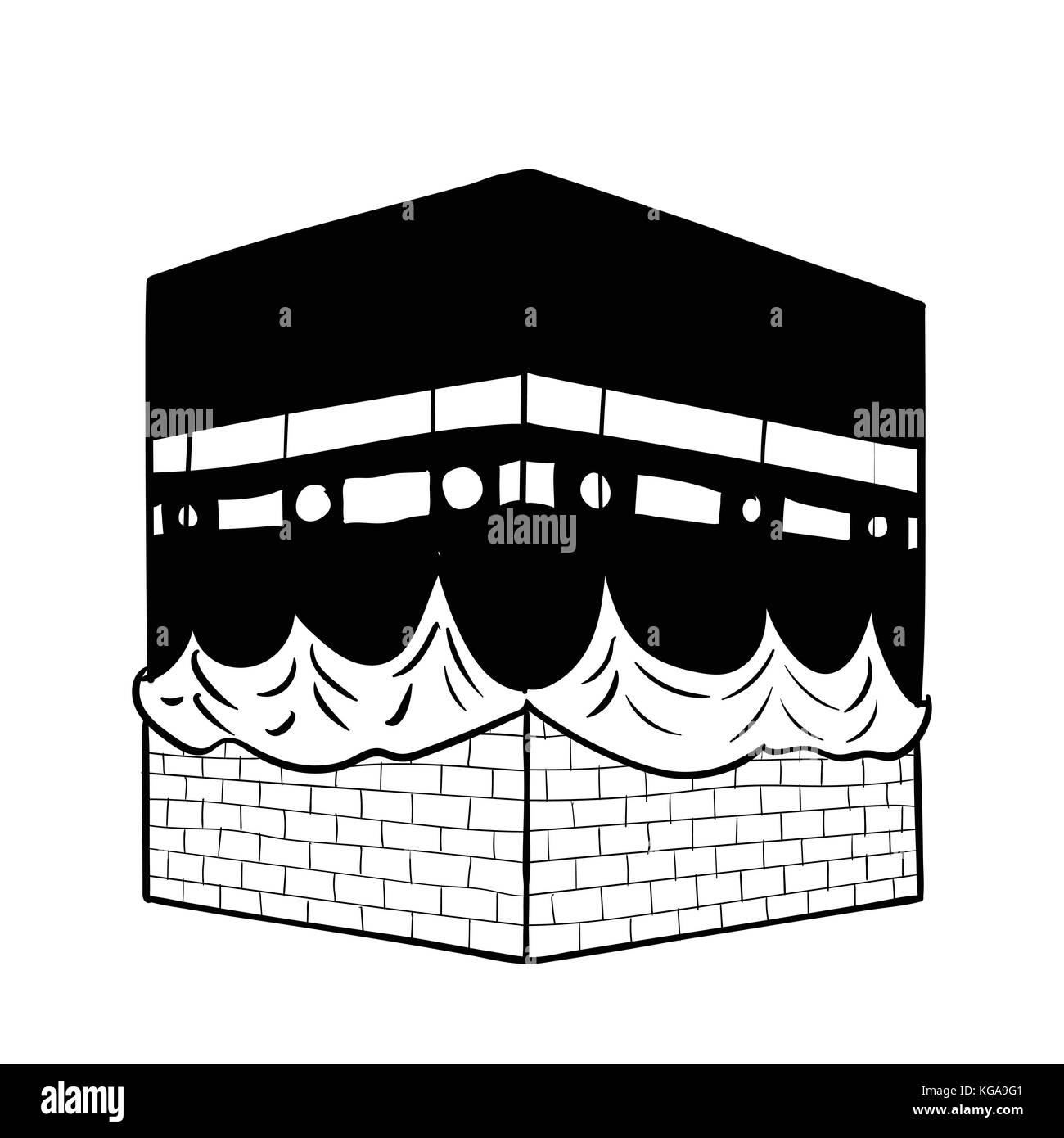 Hand drawing Kaaba of Mecca, Isolated on white background. Black and White simple line Vector Illustration for Coloring Book - Line Drawn Vector Illus Stock Vector