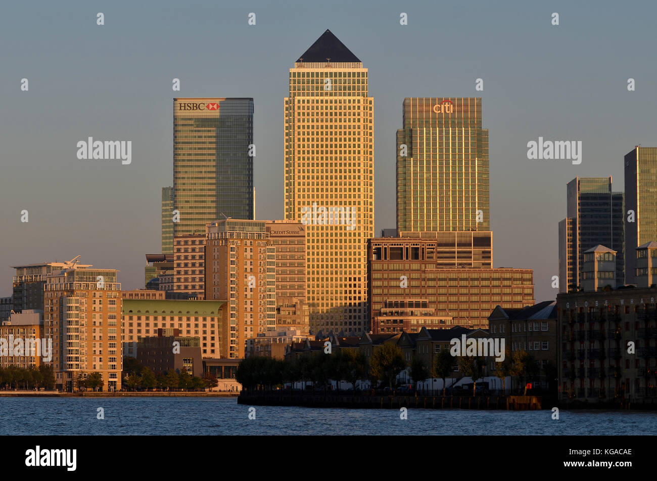 Canary Wharf, London, UK. HSBC, No.1 Canada Square, Citi and Credit Suisse office buildings all visible. Stock Photo
