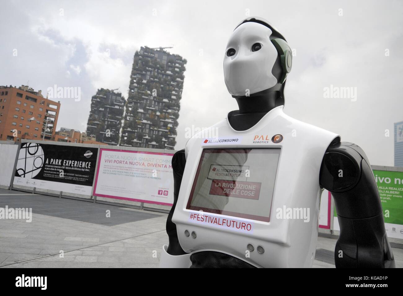 Milan (Italy), November 2017; for a few days the interactive robot Reem has moved to various places in the city to promote an event organized by the consumer association Altroconsumo dedicated to new technologies and innovation. Reem is realized by PAL Robotics in Barcelona, a company specialized in the production of humanoid robots, and is able to move autonomously in crowded environments and communicate with people. Stock Photo