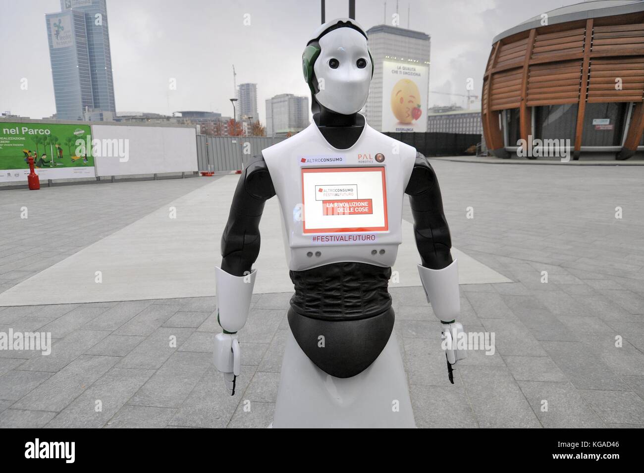 Milan (Italy), November 2017; for a few days the interactive robot Reem has  moved to various places in the city to promote an event organized by the  consumer association Altroconsumo dedicated to