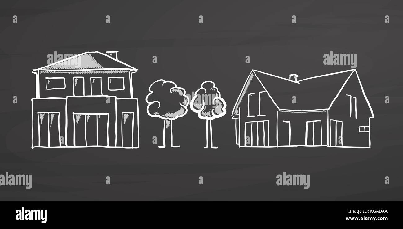 Small and big house sketches on chalkboard. Handdrawn vector sketch ...