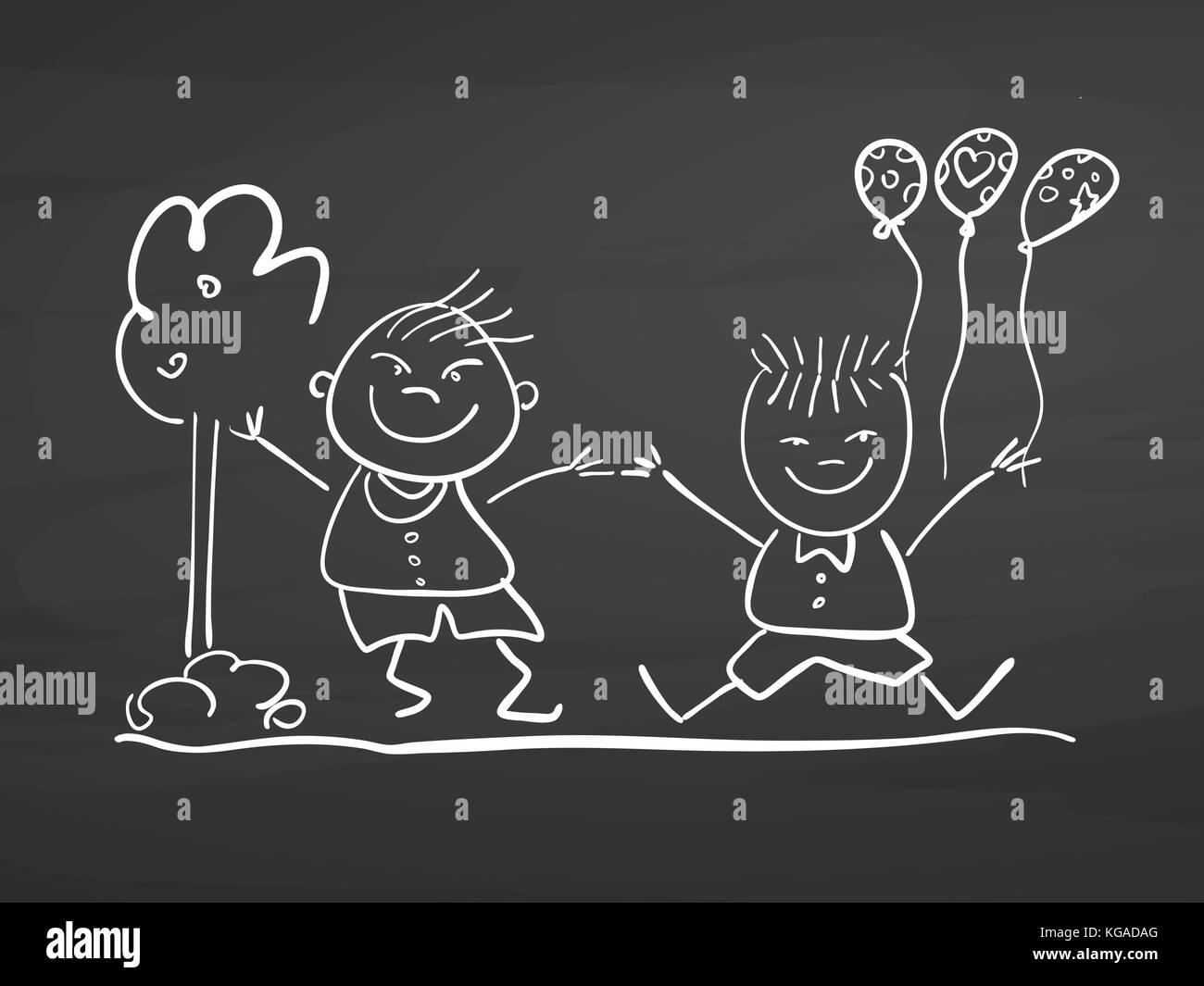 Children jumping with ballons. Drawing on chalkboard. Handdrawn vector sketch, clean outlines, vintage style blackboard. Stock Vector