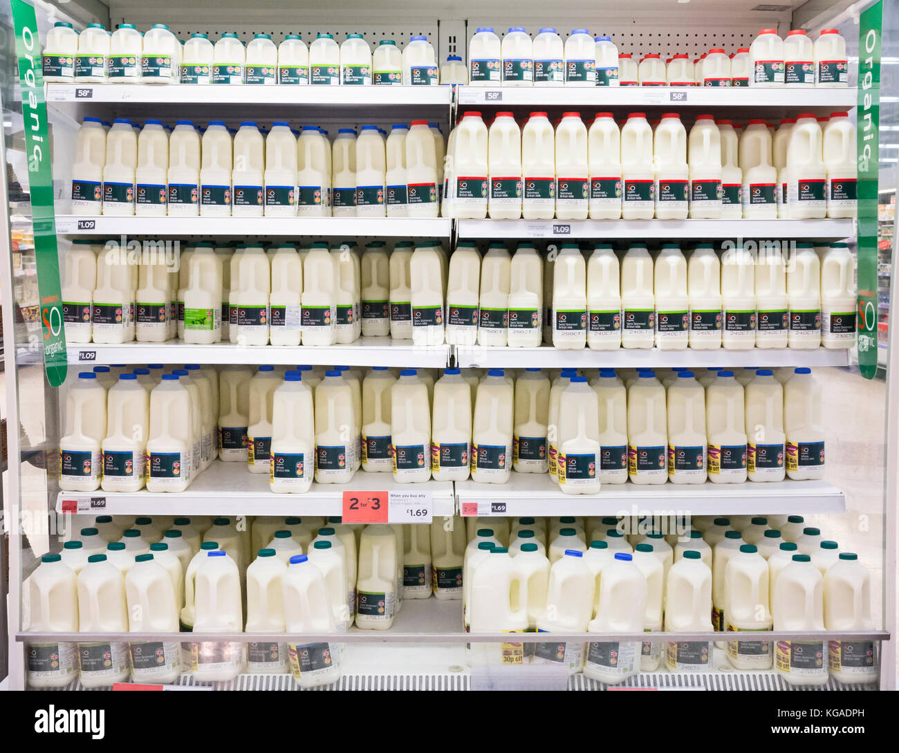 Organic milk display at a UK supermarket Stock Photo