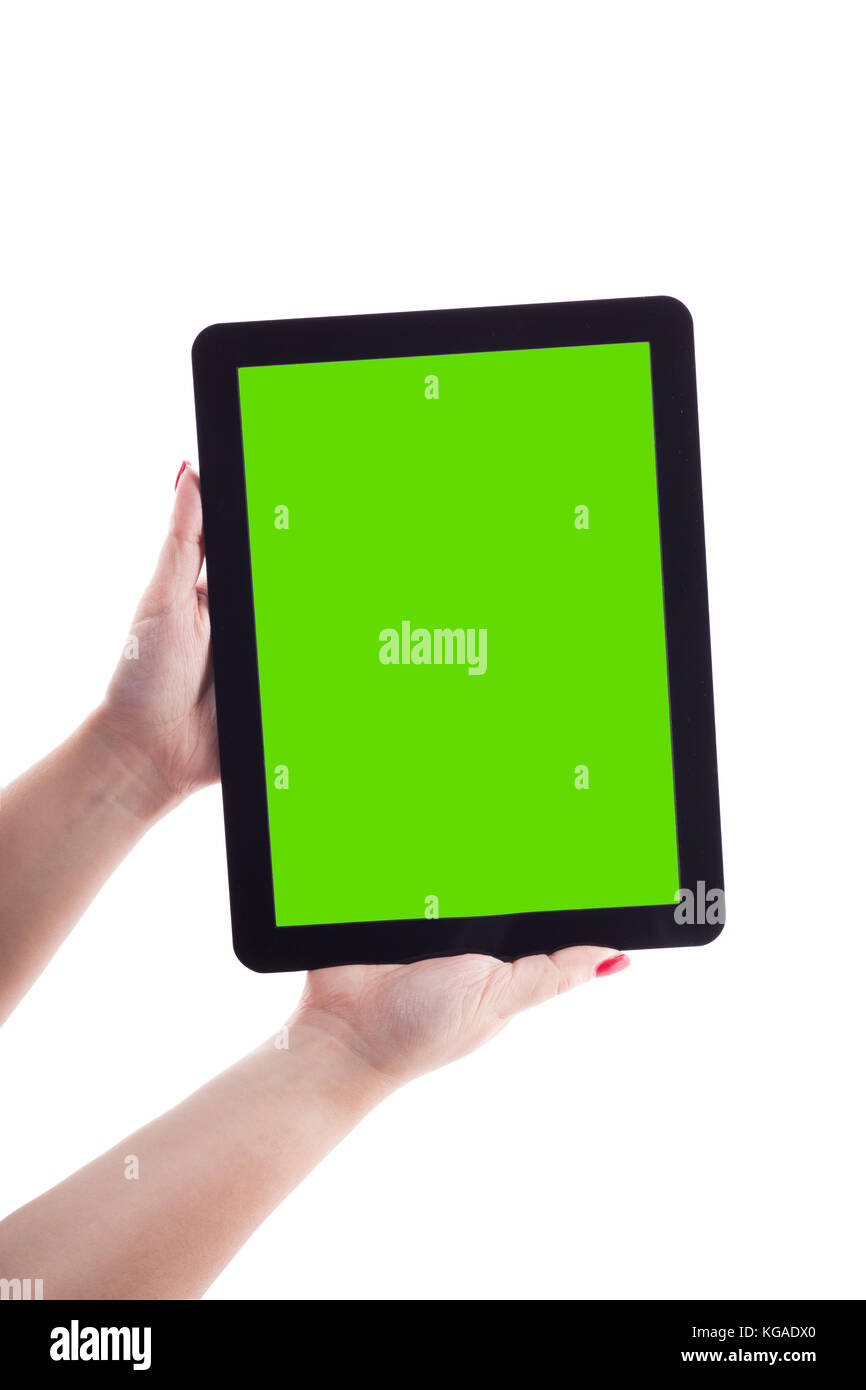 female hands on a white background holding tablet picture with d Stock ...