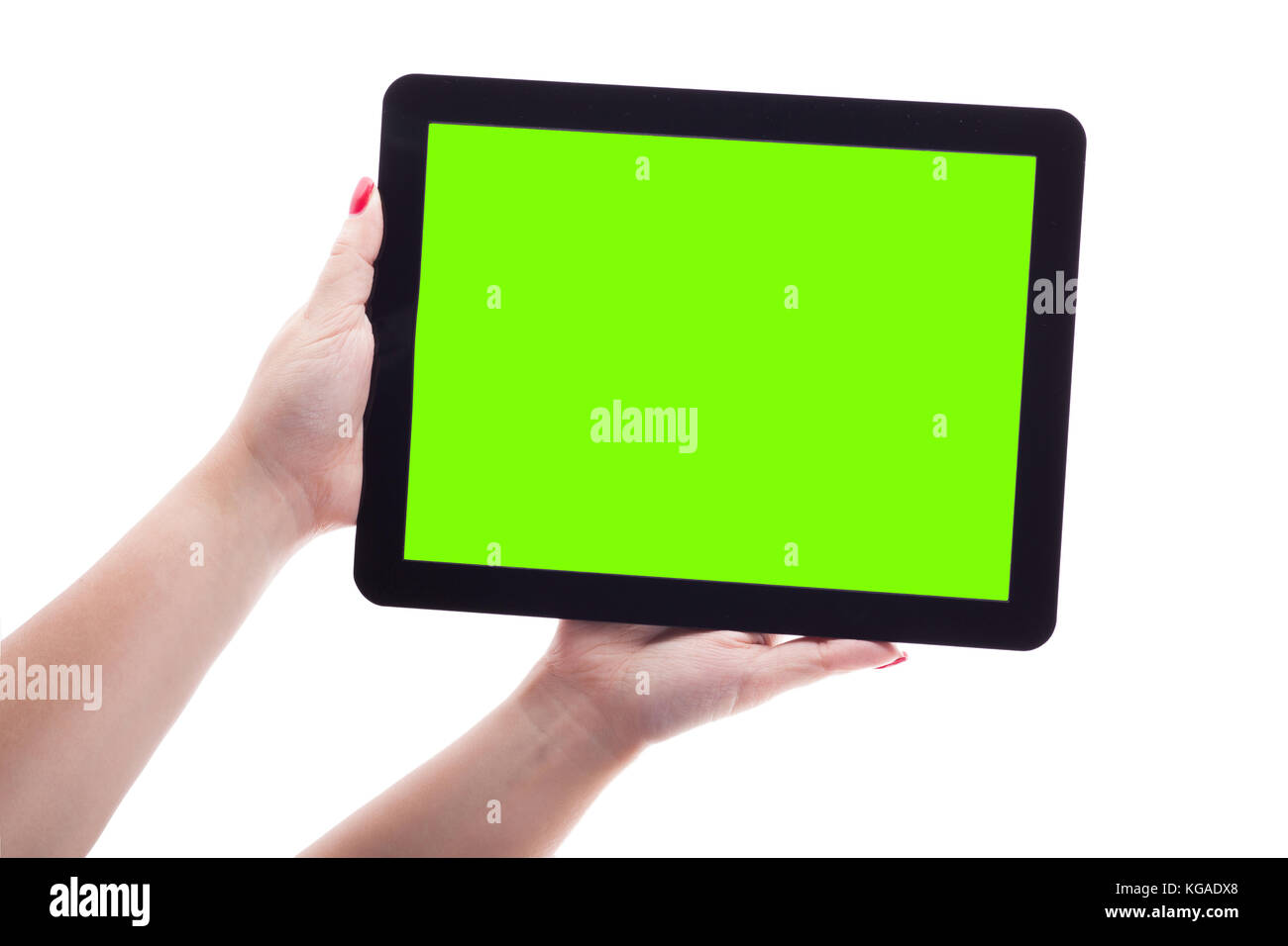 female hands on a white background holding tablet picture with d Stock ...