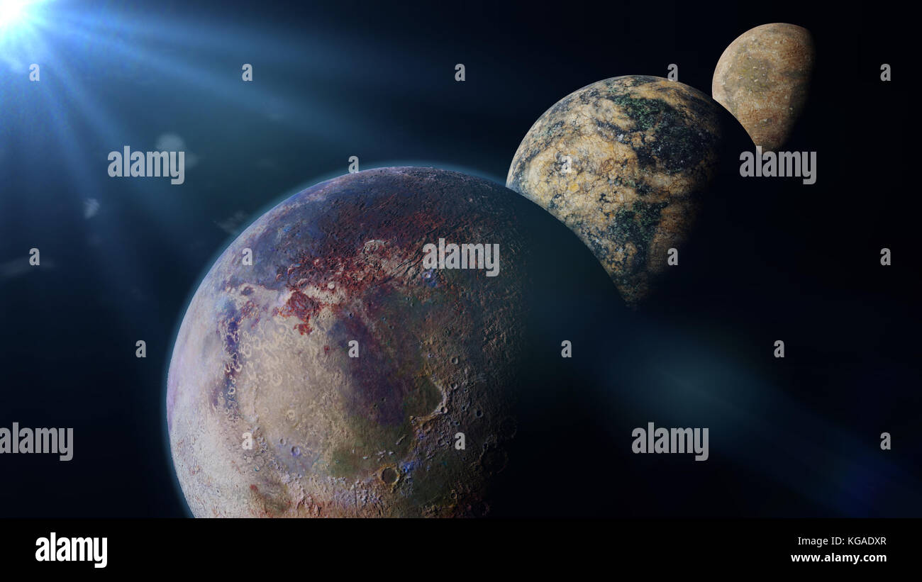 exo planets lit by an alien sun (3d illustration, elements of this image are furnished by NASA) Stock Photo