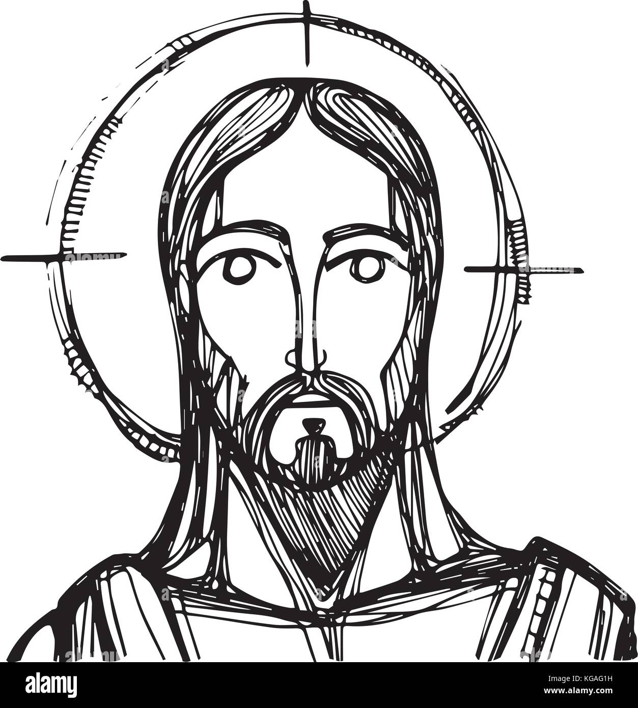 Hand drawn vector ink illustration or drawing of Jesus Christ Face ...