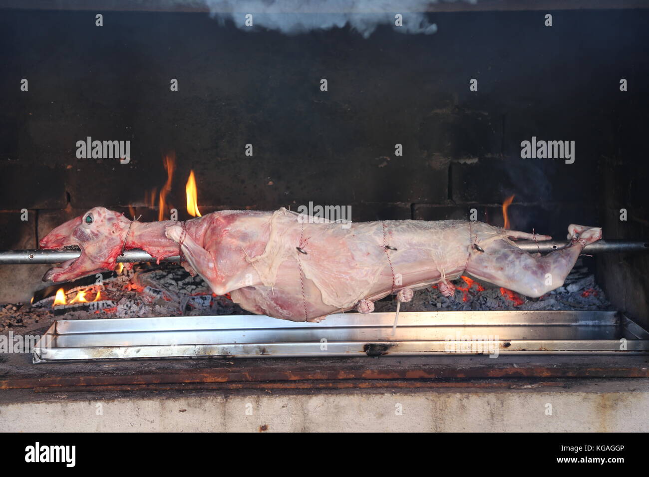 The carcass of the goat is fried on a spit Stock Photo