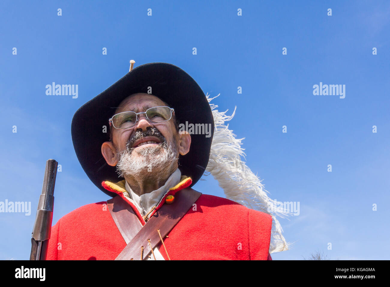 Old Swedish soldier from the 1600s with a rifle during a battle in Denmark, May 21, 2017 Stock Photo