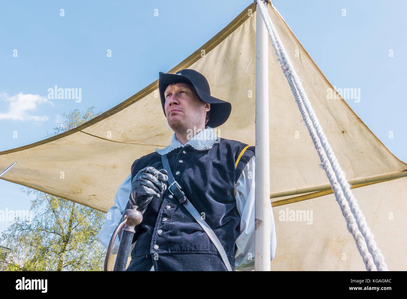 Swedish soldier from the 1600s standing in front of a tent, Denmark, May 21, 2017 Stock Photo