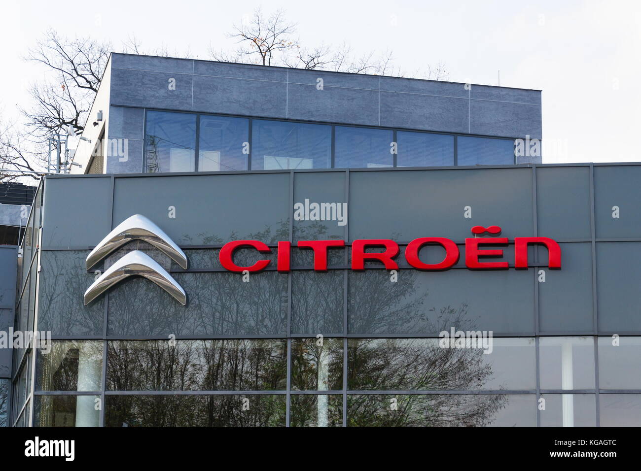 PRAGUE, CZECH REPUBLIC - NOVEMBER 5: Citroen car company company logo in front of dealership building on November 5, 2017 in Prague. Citroen prepares  Stock Photo