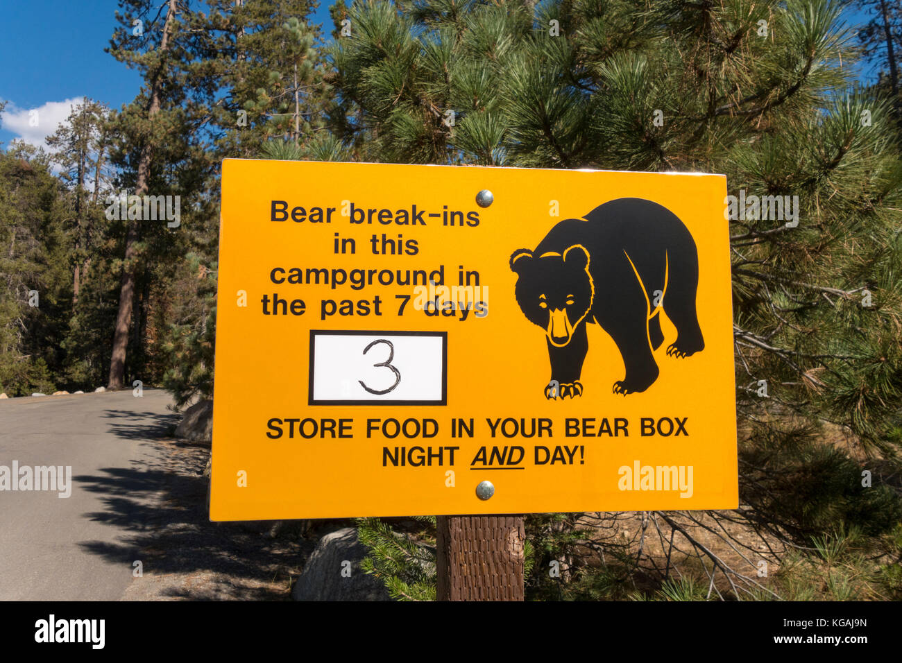 Bear warning sign at the entrance of Lodgepole Campground in Sequoia National Park Stock Photo