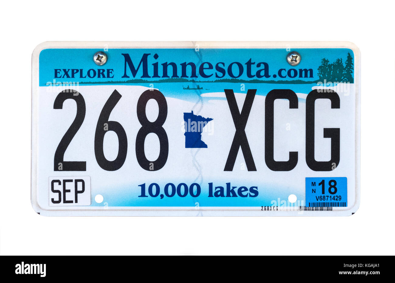 Minnesota license plate; vehicle registration number. Minnesota Land of 10,000 Lakes number plate. Stock Photo