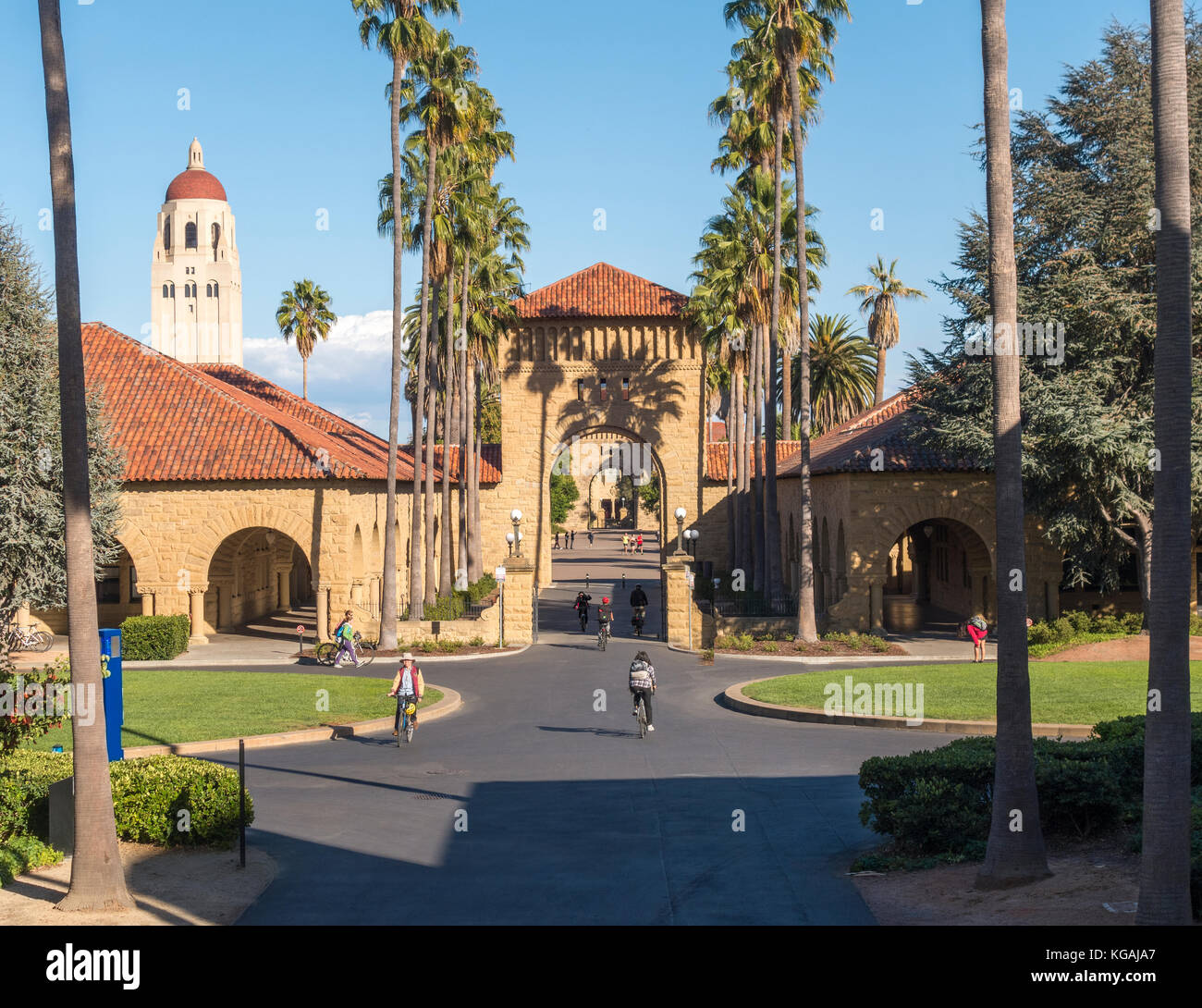 Stanford University Gates to the Main Quad on the East-West Axis. Lomita Mall in the foreground and Hoover Tower in the background left. Stock Photo