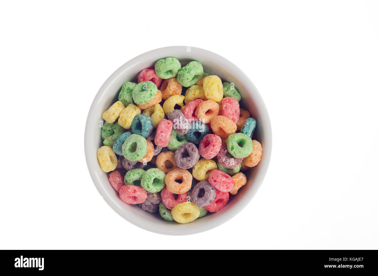 Bowl of Kellogg's Froot Loops cereal from above isolated on white background Stock Photo