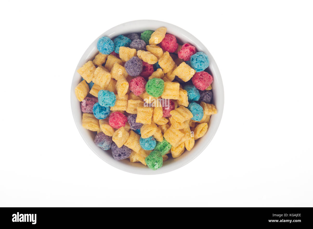 Bowl of Cap’n Crunch Berries cereal from Quaker Oats isolated on white background from above Stock Photo