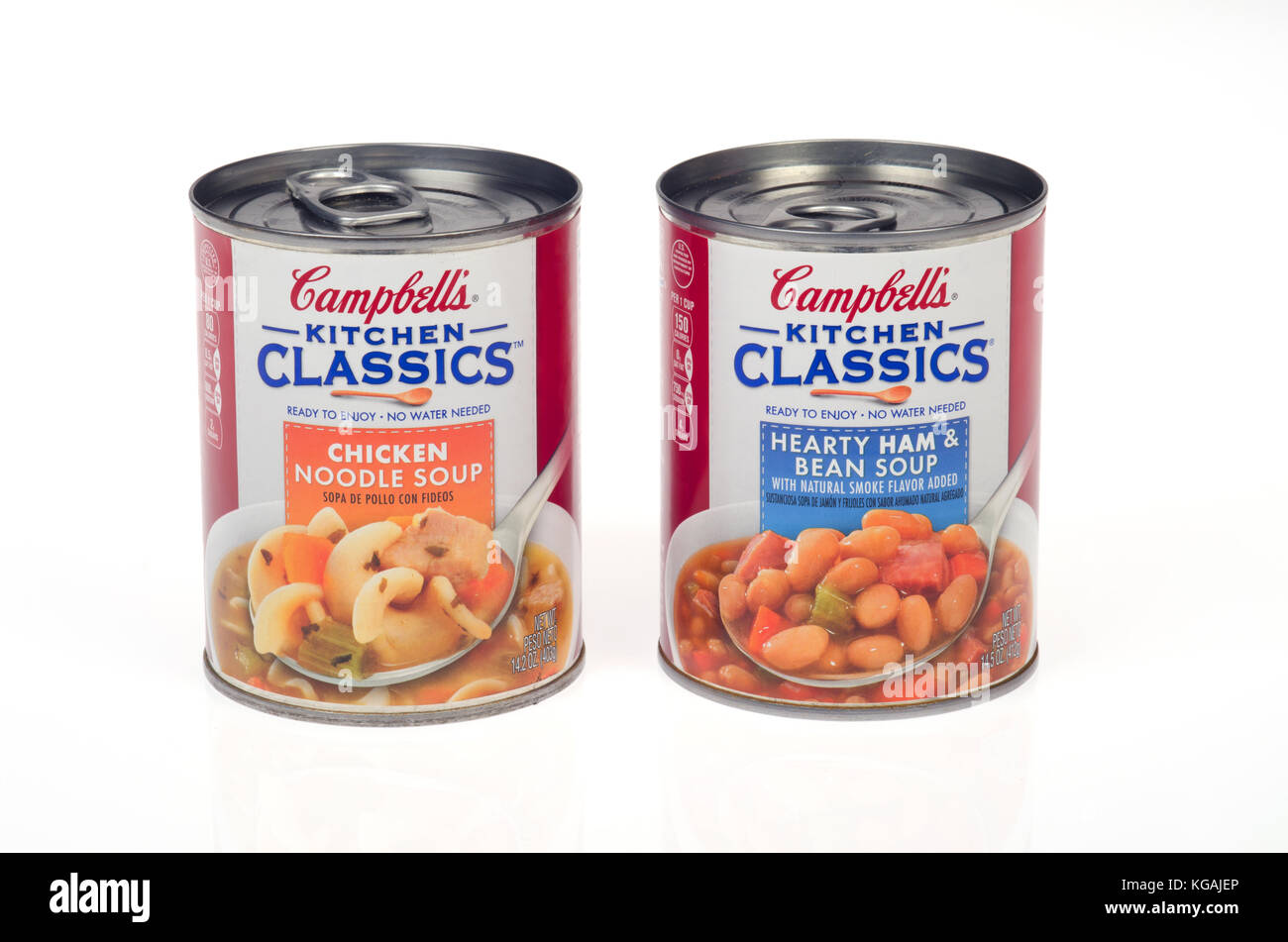 2 cans of Campbell’s Kitchen Classics soup, 1 Chicken Noodle and 1 Hearty Ham and Bean Stock Photo