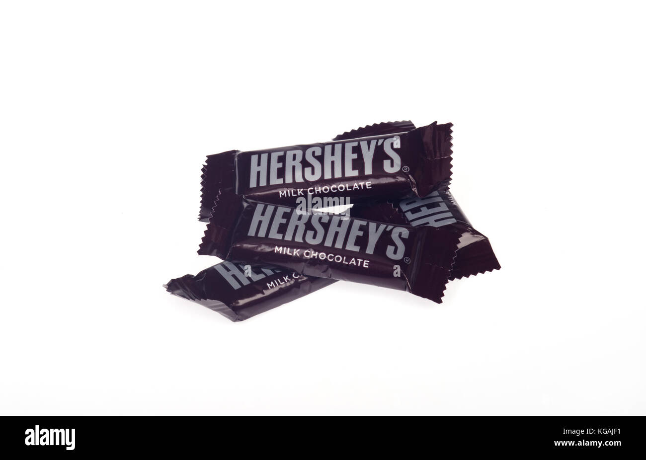 Hershey’s milk chocolate bars candy in wrappers isolated on white background Stock Photo