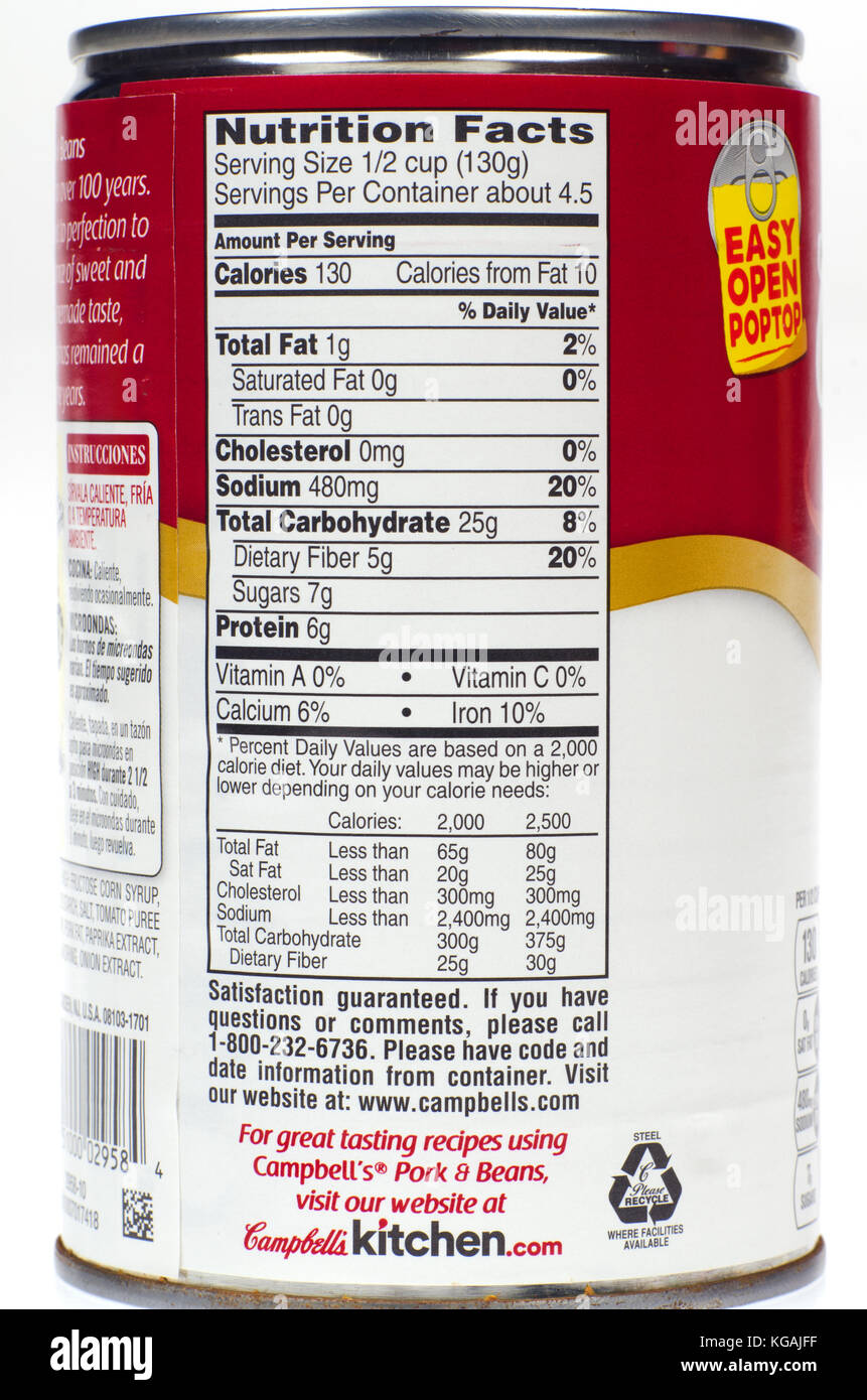 Nutrition facts label on Campbell’s Pork and Beans soup can Stock Photo