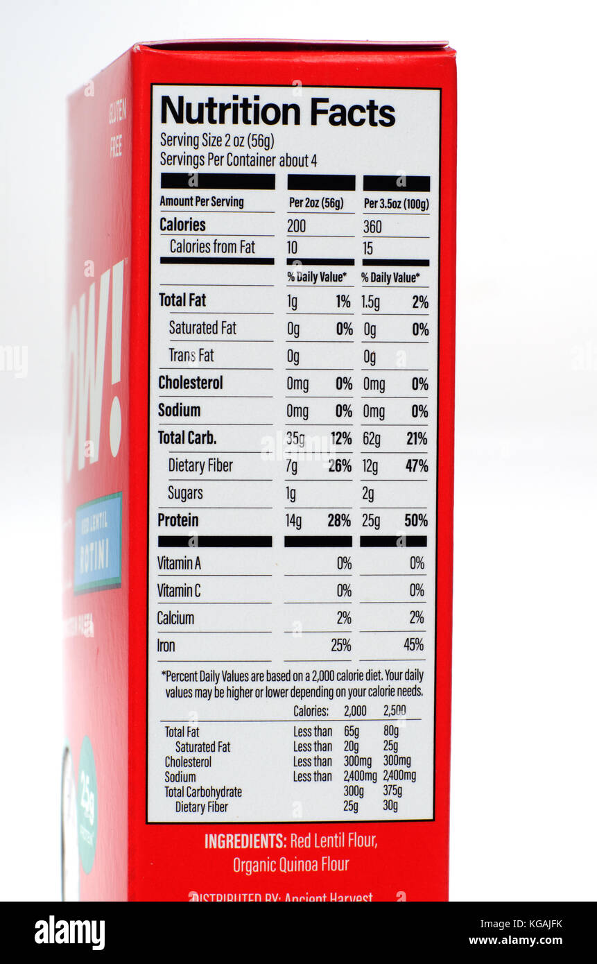 Nutrition Facts on POW! Rotini Pasta made with red lentil flour and quinoa Stock Photo