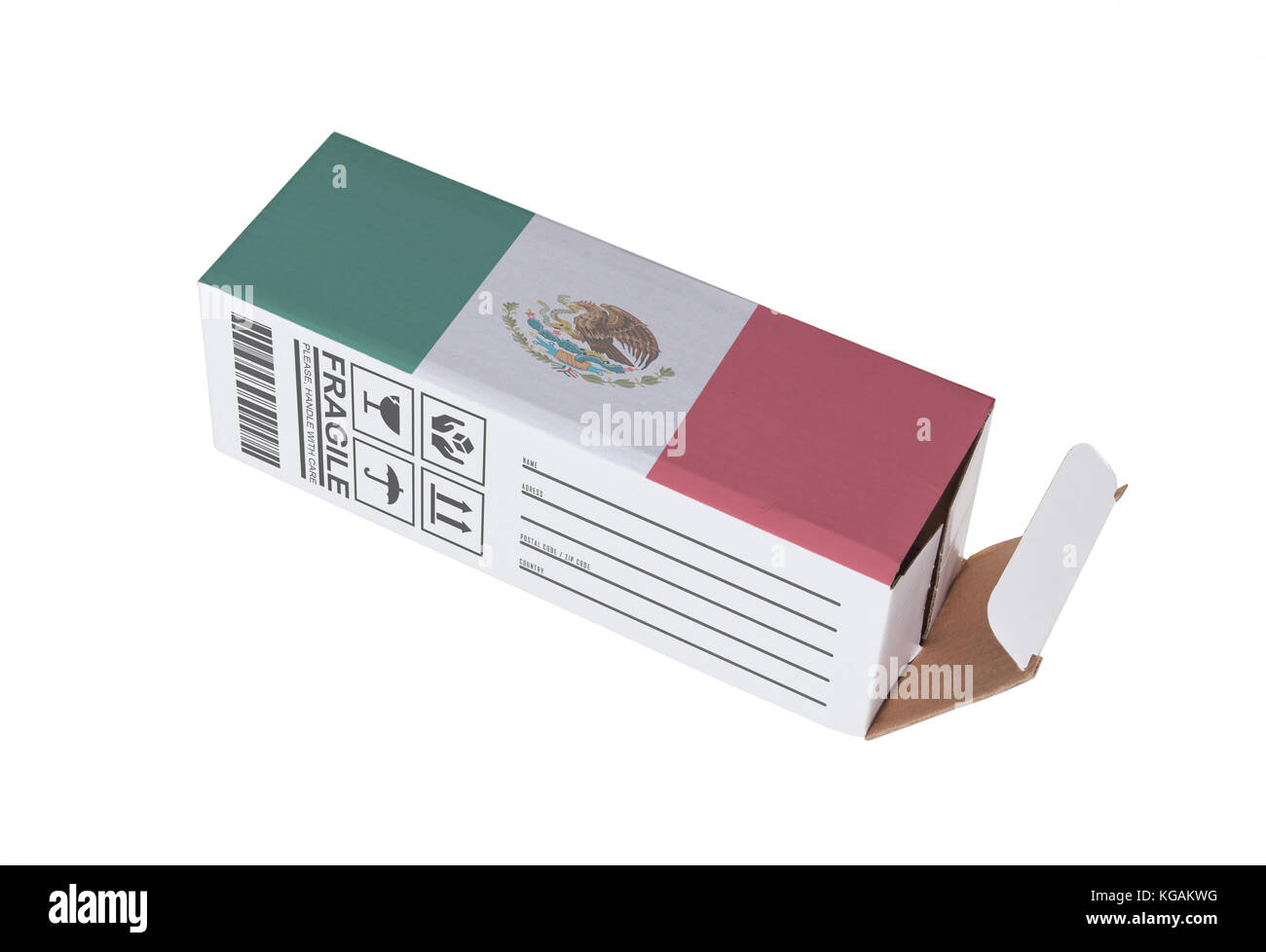 Concept of export, opened paper box Product of Mexico Stock Photo Alamy