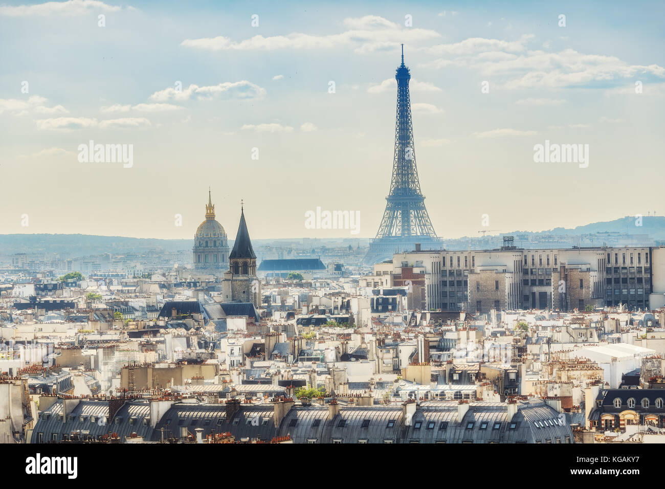 Scenic rooftop view of Paris, France, from Notre Dame Cathedral with the Eiffel Tower in the background. Colourful summer skyline. Popular travel dest Stock Photo