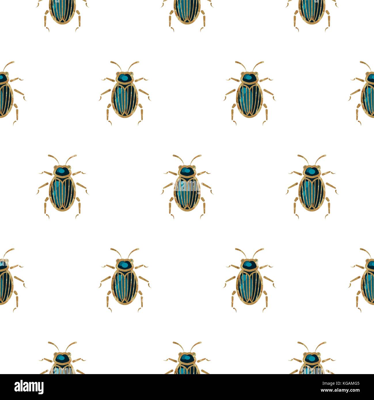 Emerald and gold beetle brooch vector seamless pattern. Stock Vector