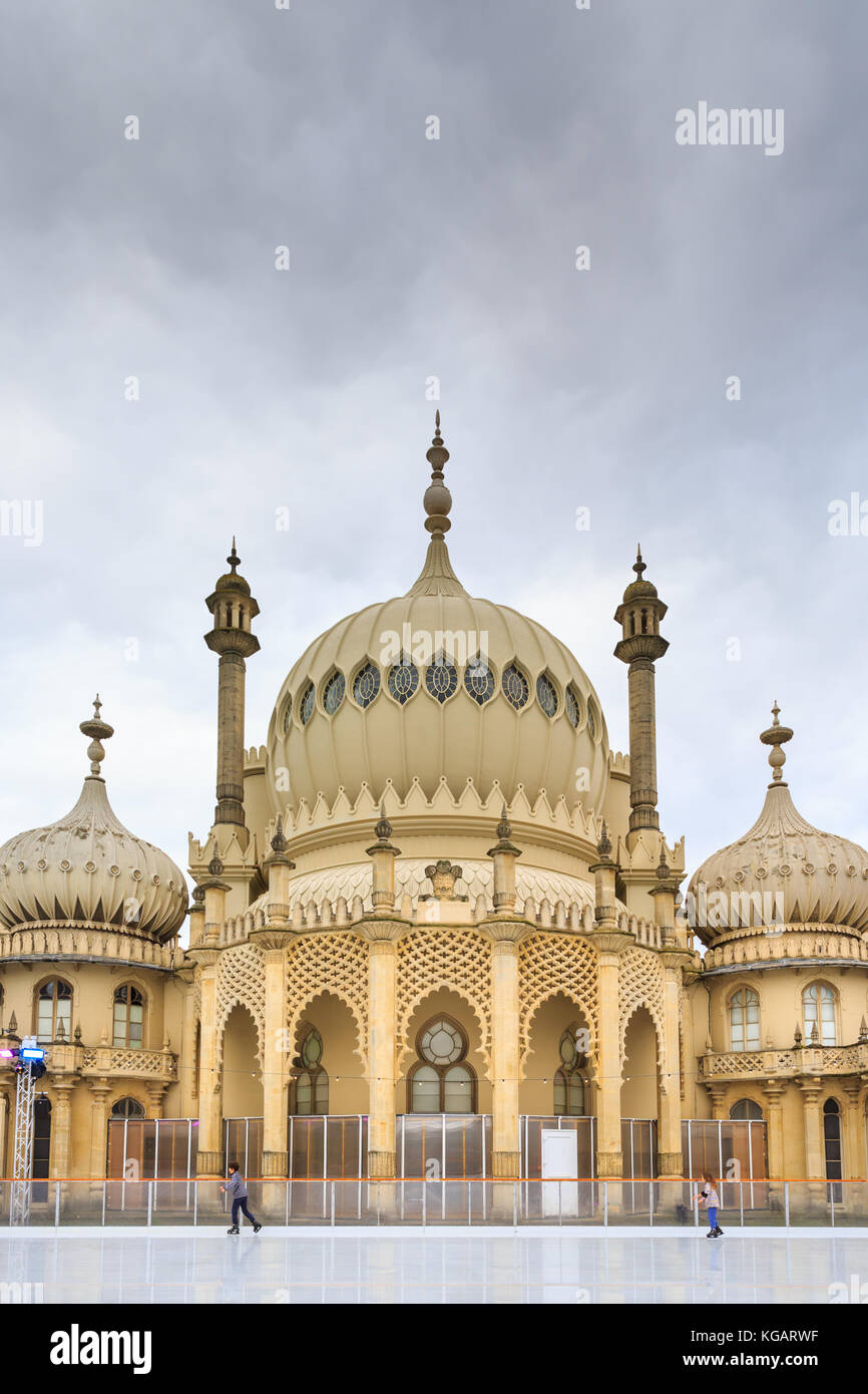 Brighton Pavilion, also known as the Royal Pavilion, exterior in winter, with ice skating rink in front, Brighton, England Stock Photo