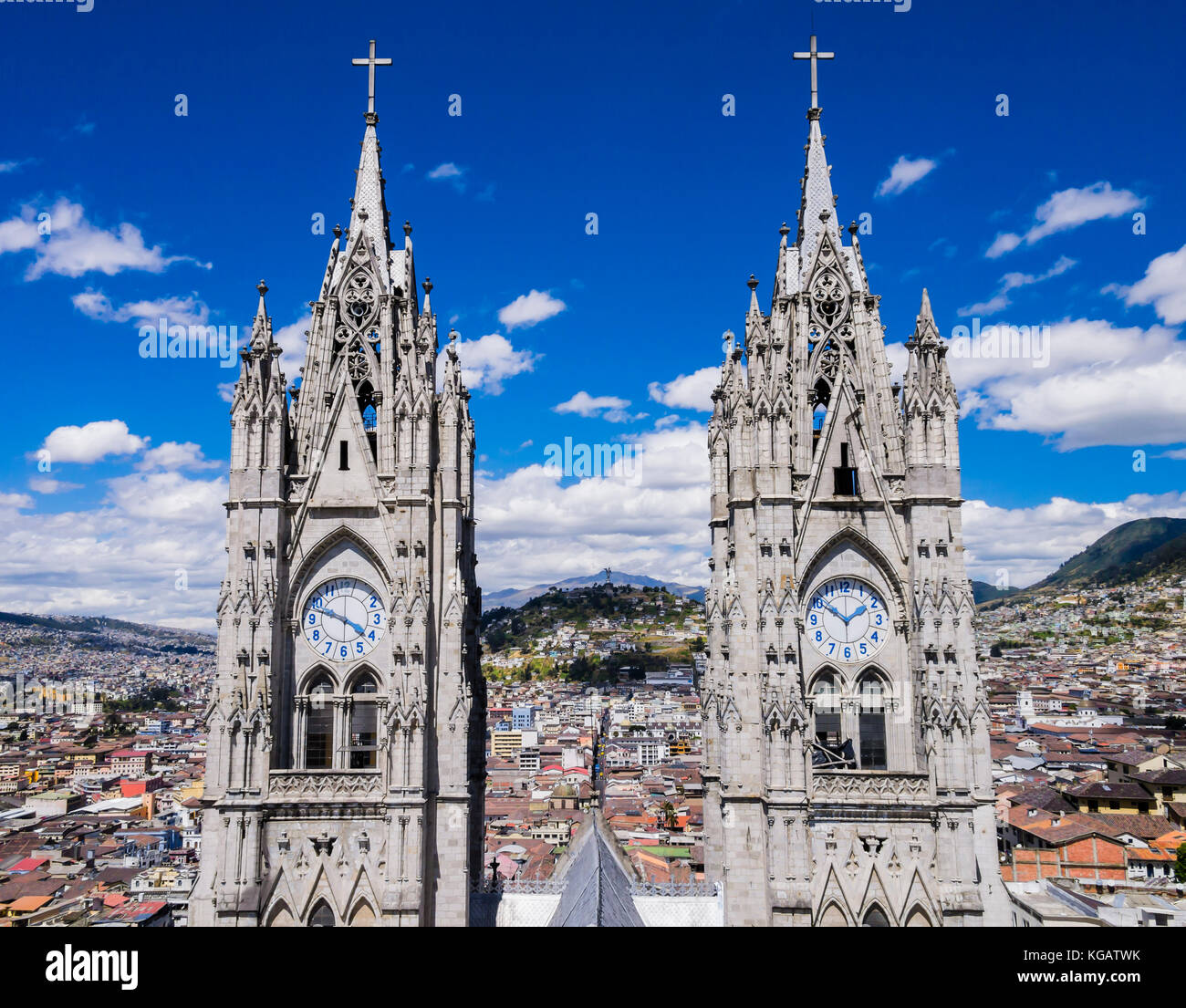Stunning view of twin clock tower of the Basilica del Voto Nacional, Quito, Ecuador Stock Photo