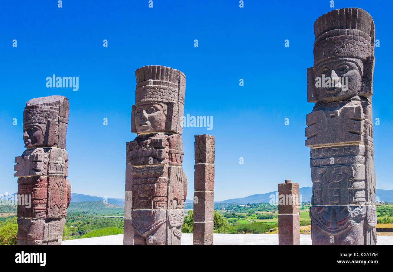 Toltec warrior statues topping the pyramid of Quetzalcoatl, Tula archaeological site, Mexico Stock Photo
